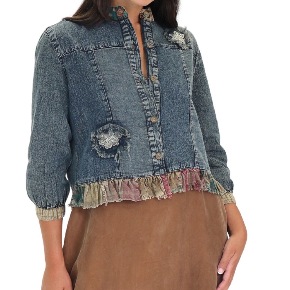 Womens Blue Denim Button-Front Jacket with Ruffle Trim